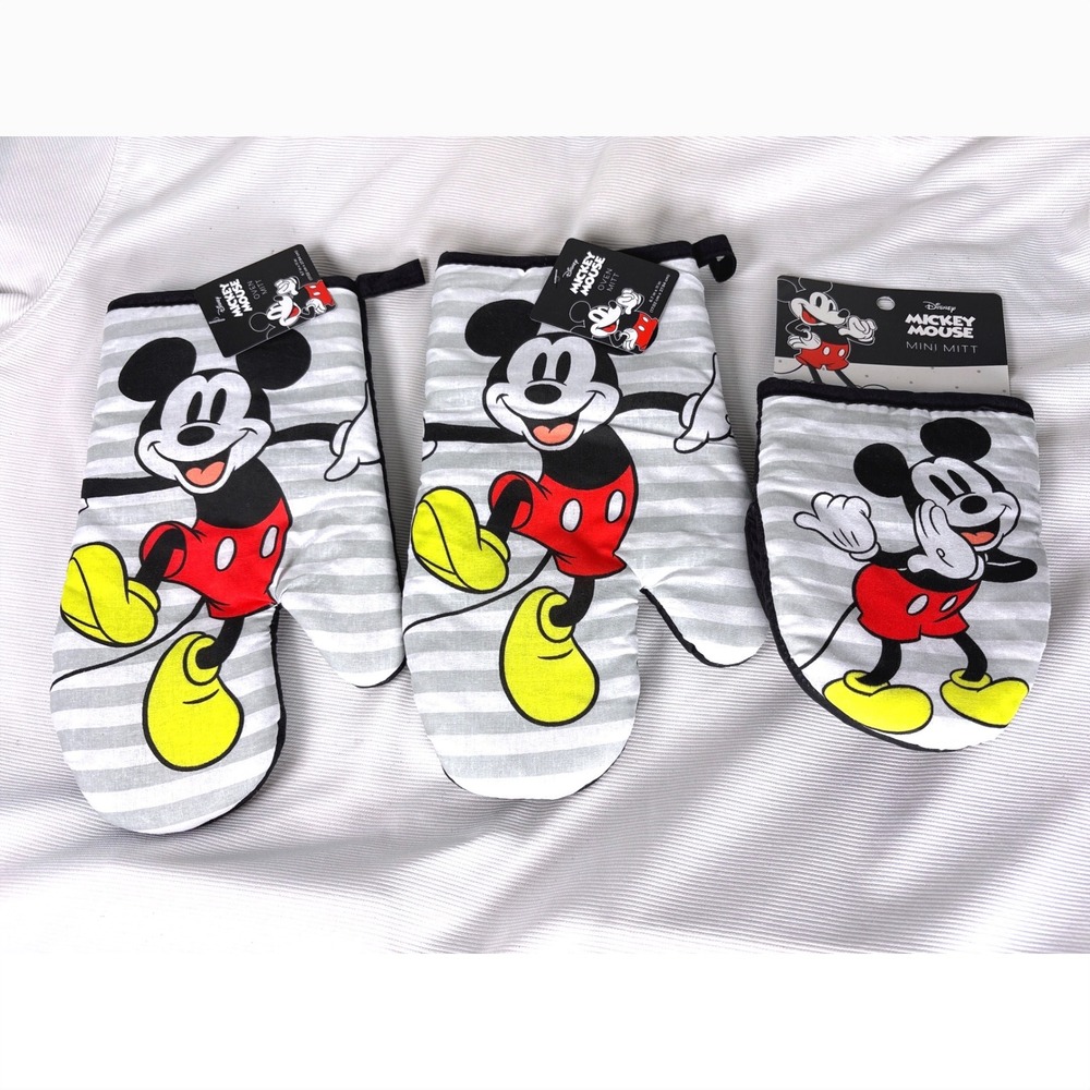 Disney Mickey Mouse Oven Mitt and Mini Mitt 3 Piece Set Grey White Stripes NEW